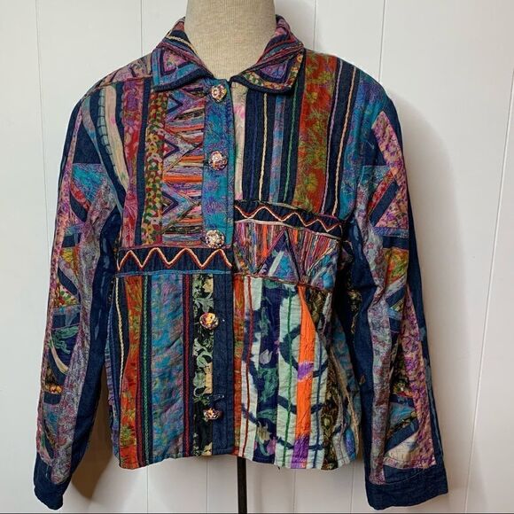 Colorful Jacket Sandy Starkman Art to Wear Hippie Bohemian Silk Blend Sz Large - Picture 1 of 10